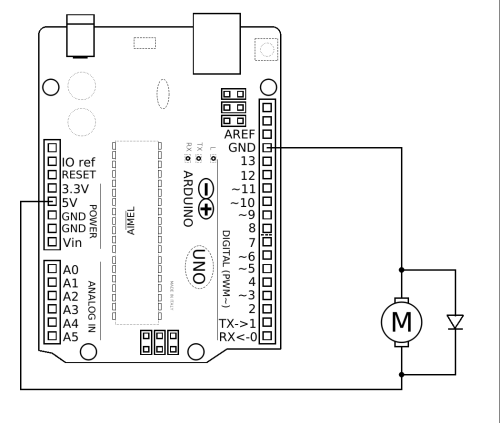 Anschluss eines Gleichstrom-Elektromotors mit dem Arduino als Spannungsquelle.
