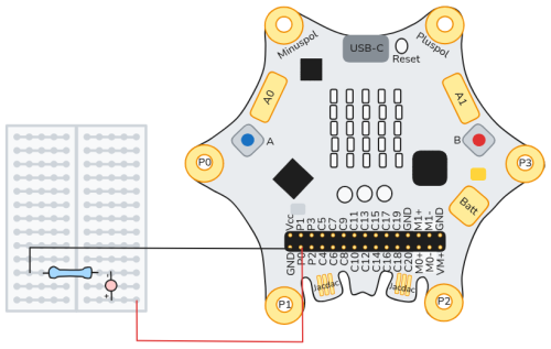 Schaltplan: Die LED ist über einen Vorwiderstand mit dem Pin P0 verbunden. Schaltplan LED