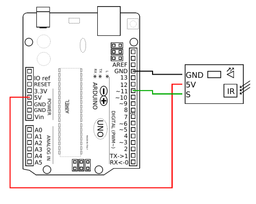 Schaltplan zum Anschluss eines Infrarotsensormoduls mit LED-Anzeige am Arduino.