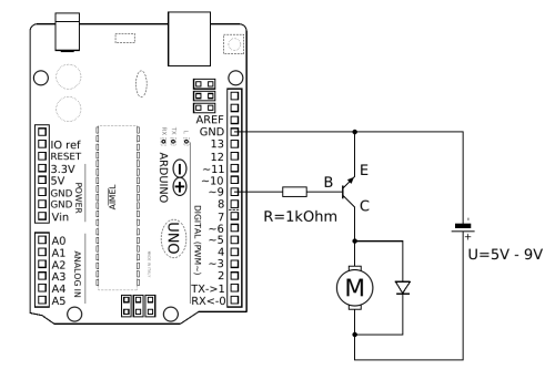 Anschluss eines Gleichstrom-Elektromotors am Arduino mit Steuerung über einen Transistor und mit externer Spannungsquelle für den Motor.