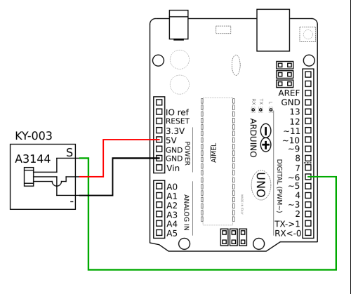 Schaltplan zum Anschluss des Hall-Sensor-Moduls KY-003 an den Arduino.