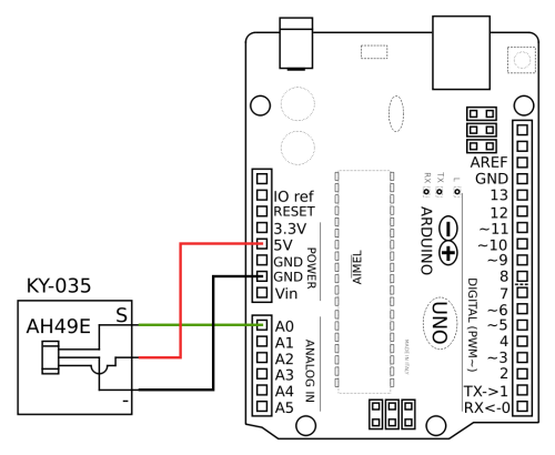 Schaltplan zum Anschluss des Hall-Sensor-Moduls an den Arduino.